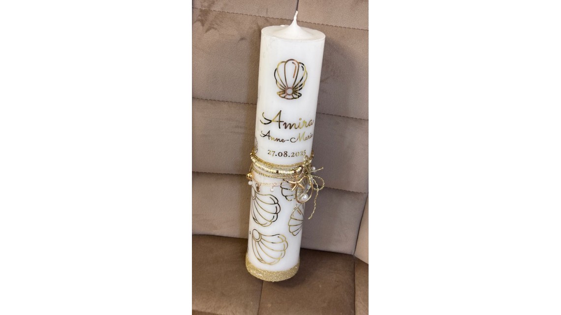 Lumânare botez cu scoici și folio gold – „Perle Aurii” 2